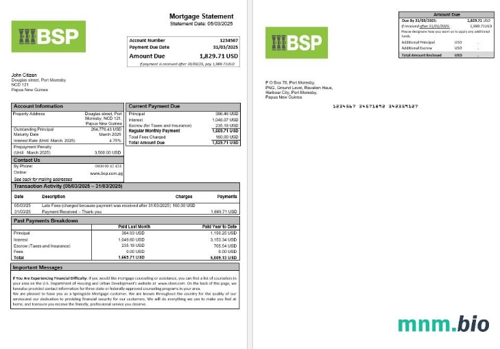 Papua Nowa Gwinea BSP wyciąg z kredytu hipotecznego w formatach Word i PDF